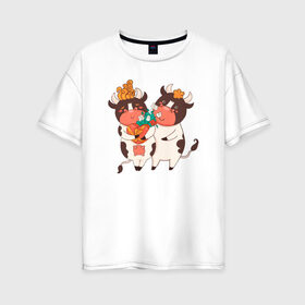 Женская футболка хлопок Oversize с принтом Влюбленные бычок и корова в Новосибирске, 100% хлопок | свободный крой, круглый ворот, спущенный рукав, длина до линии бедер
 | 