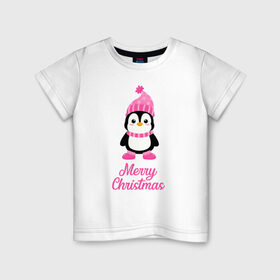 Детская футболка хлопок с принтом Пингвин в Новосибирске, 100% хлопок | круглый вырез горловины, полуприлегающий силуэт, длина до линии бедер | 2021 | merry christmas | белка | год быка | дед мороз | детская | дух  рождества | дух нового года | енот | животное | лиса | милый пингвин | новогодняя | пенгвин | пингвин | пингвиненок | пингвины | праздник