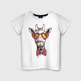 Детская футболка хлопок с принтом Жираф с бабочкой в Новосибирске, 100% хлопок | круглый вырез горловины, полуприлегающий силуэт, длина до линии бедер | бабочки | животное | жираф | очки | рисунок | розовые | сердечки