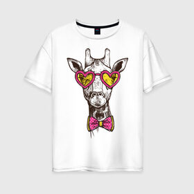 Женская футболка хлопок Oversize с принтом Жираф с бабочкой в Новосибирске, 100% хлопок | свободный крой, круглый ворот, спущенный рукав, длина до линии бедер
 | бабочки | животное | жираф | очки | рисунок | розовые | сердечки