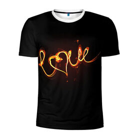 Мужская футболка 3D спортивная с принтом Огненная любовь в Новосибирске, 100% полиэстер с улучшенными характеристиками | приталенный силуэт, круглая горловина, широкие плечи, сужается к линии бедра | любовь | огненная надпись | позитив. | романтика | сердце | я люблю