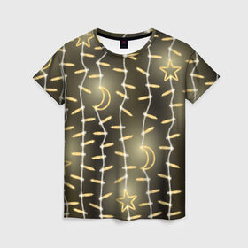Женская футболка 3D с принтом Золотая Гирлянда в Новосибирске, 100% полиэфир ( синтетическое хлопкоподобное полотно) | прямой крой, круглый вырез горловины, длина до линии бедер | 