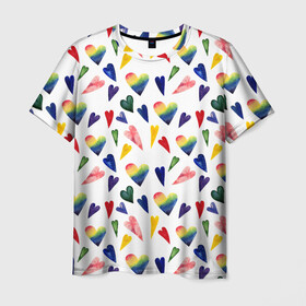 Мужская футболка 3D с принтом Пастельные сердца в Новосибирске, 100% полиэфир | прямой крой, круглый вырез горловины, длина до линии бедер | gradient | heart | pastel | pattern | rainbow | watercolor | акварель | градиент | пастель | радуга | сердце | узор