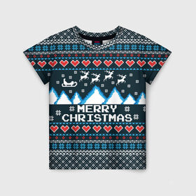 Детская футболка 3D с принтом Свитер Merry Christmas в Новосибирске, 100% гипоаллергенный полиэфир | прямой крой, круглый вырез горловины, длина до линии бедер, чуть спущенное плечо, ткань немного тянется | 8бит | merry christmas | вязаный | горы | новый год | олени | пиксельный | ретро | рождество | свитер | узор