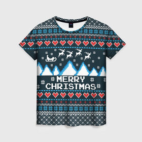 Женская футболка 3D с принтом Свитер Merry Christmas в Новосибирске, 100% полиэфир ( синтетическое хлопкоподобное полотно) | прямой крой, круглый вырез горловины, длина до линии бедер | 8бит | merry christmas | вязаный | горы | новый год | олени | пиксельный | ретро | рождество | свитер | узор