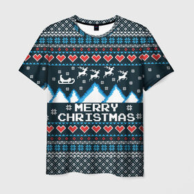 Мужская футболка 3D с принтом Свитер Merry Christmas в Новосибирске, 100% полиэфир | прямой крой, круглый вырез горловины, длина до линии бедер | Тематика изображения на принте: 8бит | merry christmas | вязаный | горы | новый год | олени | пиксельный | ретро | рождество | свитер | узор