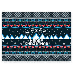 Поздравительная открытка с принтом Свитер Merry Christmas в Новосибирске, 100% бумага | плотность бумаги 280 г/м2, матовая, на обратной стороне линовка и место для марки
 | 8бит | merry christmas | вязаный | горы | новый год | олени | пиксельный | ретро | рождество | свитер | узор