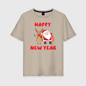 Женская футболка хлопок Oversize с принтом Happy new year в Новосибирске, 100% хлопок | свободный крой, круглый ворот, спущенный рукав, длина до линии бедер
 | 
