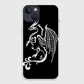 Чехол для iPhone 13 с принтом Дракон тату в Новосибирске,  |  | белое на чёрном | восток | дракон | драконы | мифические существа | татуировка дракон | татуировки | узоры