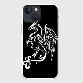 Чехол для iPhone 13 mini с принтом Дракон тату в Новосибирске,  |  | белое на чёрном | восток | дракон | драконы | мифические существа | татуировка дракон | татуировки | узоры