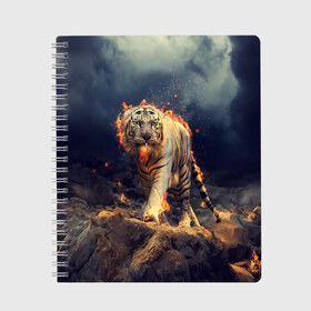 Тетрадь с принтом Тигр в огне в Новосибирске, 100% бумага | 48 листов, плотность листов — 60 г/м2, плотность картонной обложки — 250 г/м2. Листы скреплены сбоку удобной пружинной спиралью. Уголки страниц и обложки скругленные. Цвет линий — светло-серый
 | cat | kitten | kitty | lion | pet | tiger | арт | взгляд | животные | кот | котёнок | коты | котятки | котятушки | кошечки | кошка | кошки | лев | мордочка | тигр