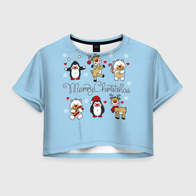 Женская футболка Crop-top 3D с принтом С рождеством! в Новосибирске, 100% полиэстер | круглая горловина, длина футболки до линии талии, рукава с отворотами | Тематика изображения на принте: зимние праздники. | мишки | олени | пингвины | праздники | рождество | сердечки