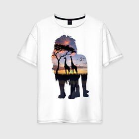 Женская футболка хлопок Oversize с принтом Лев в Новосибирске, 100% хлопок | свободный крой, круглый ворот, спущенный рукав, длина до линии бедер
 | lion | sovanna | африка | большаякошка | кошка | лев | мода | небо | саванна | стиль