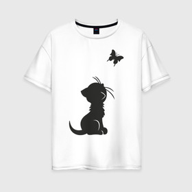 Женская футболка хлопок Oversize с принтом Котенок и бабочка в Новосибирске, 100% хлопок | свободный крой, круглый ворот, спущенный рукав, длина до линии бедер
 | бабочка | животные | кот | котенок | милый