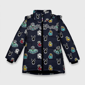 Зимняя куртка для девочек 3D с принтом PlayBoy x Among Us monogram в Новосибирске, ткань верха — 100% полиэстер; подклад — 100% полиэстер, утеплитель — 100% полиэстер. | длина ниже бедра, удлиненная спинка, воротник стойка и отстегивающийся капюшон. Есть боковые карманы с листочкой на кнопках, утяжки по низу изделия и внутренний карман на молнии. 

Предусмотрены светоотражающий принт на спинке, радужный светоотражающий элемент на пуллере молнии и на резинке для утяжки. | among us | fire | game | monogram | playboy | street style | top