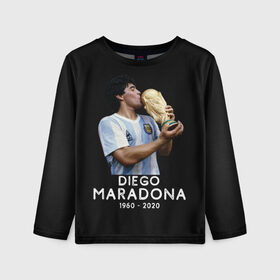Детский лонгслив 3D с принтом Diego Maradona в Новосибирске, 100% полиэстер | длинные рукава, круглый вырез горловины, полуприлегающий силуэт
 | Тематика изображения на принте: 10 | 1960 | 2020 | argentina | barcelona | diego | football | legend | leo | lionel | maradona | messi | retro | rip | soccer | аргентина | барселона | бога | диего | легенда | лионель | марадона | месси | мяч | ретро | рука | форма | футбол