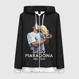 Женская толстовка 3D на молнии с принтом Diego Maradona в Новосибирске, 100% полиэстер | длина до линии бедра, манжеты и пояс оформлены мягкой тканевой резинкой, двухслойный капюшон со шнурком для регулировки, спереди молния, по бокам два кармана | 10 | 1960 | 2020 | argentina | barcelona | diego | football | legend | leo | lionel | maradona | messi | retro | rip | soccer | аргентина | барселона | бога | диего | легенда | лионель | марадона | месси | мяч | ретро | рука | форма | футбол