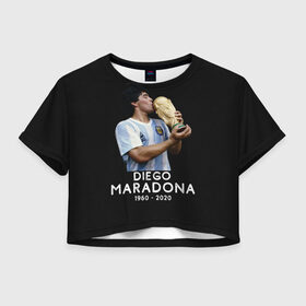 Женская футболка Crop-top 3D с принтом Diego Maradona в Новосибирске, 100% полиэстер | круглая горловина, длина футболки до линии талии, рукава с отворотами | 10 | 1960 | 2020 | argentina | barcelona | diego | football | legend | leo | lionel | maradona | messi | retro | rip | soccer | аргентина | барселона | бога | диего | легенда | лионель | марадона | месси | мяч | ретро | рука | форма | футбол