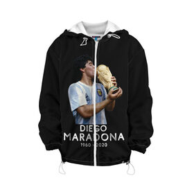 Детская куртка 3D с принтом Diego Maradona в Новосибирске, 100% полиэстер | застежка — молния, подол и капюшон оформлены резинкой с фиксаторами, по бокам — два кармана без застежек, один потайной карман на груди, плотность верхнего слоя — 90 г/м2; плотность флисового подклада — 260 г/м2 | 10 | 1960 | 2020 | argentina | barcelona | diego | football | legend | leo | lionel | maradona | messi | retro | rip | soccer | аргентина | барселона | бога | диего | легенда | лионель | марадона | месси | мяч | ретро | рука | форма | футбол