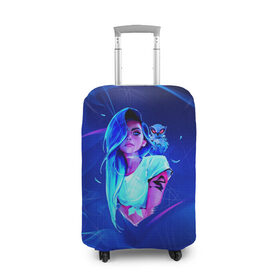 Чехол для чемодана 3D с принтом Neon Girl в Новосибирске, 86% полиэфир, 14% спандекс | двустороннее нанесение принта, прорези для ручек и колес | art | neon girl | голубые волосы девушки | девушка | неон | светящая девочка | филин