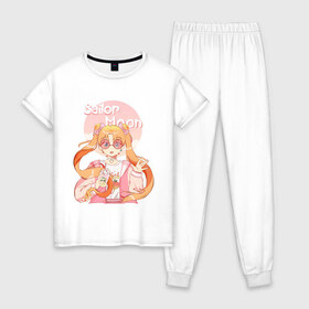 Женская пижама хлопок с принтом Sailor Moon Coffee в Новосибирске, 100% хлопок | брюки и футболка прямого кроя, без карманов, на брюках мягкая резинка на поясе и по низу штанин | Тематика изображения на принте: anime | animegirl | cute | kavai | kavaii | madara | manga | sailor | sailorchibimoon | sailorjupiter | sailormars | sailormercury | sailormoon | sailormooncrystal | sailorvenus | usagi | usagitsukino | аниме | анимесейлормун | каваи | сейлормун