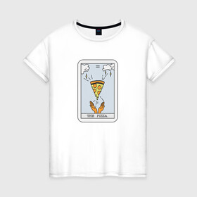 Женская футболка хлопок с принтом Таро Пицца в Новосибирске, 100% хлопок | прямой крой, круглый вырез горловины, длина до линии бедер, слегка спущенное плечо | гадание | еда | карты | ладони | небо | облака | прикол | рисунок | таро | юмор