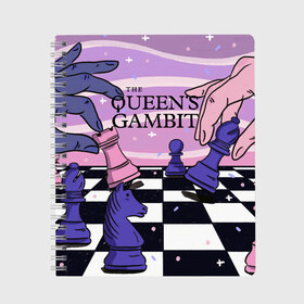 Тетрадь с принтом The Queens Gambit в Новосибирске, 100% бумага | 48 листов, плотность листов — 60 г/м2, плотность картонной обложки — 250 г/м2. Листы скреплены сбоку удобной пружинной спиралью. Уголки страниц и обложки скругленные. Цвет линий — светло-серый
 | beth harmon | chess | queens gambit | the queens gambit | аня тейлор джой | бет хармон | нетфликс | ход королевы | шахматы
