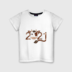 Детская футболка хлопок с принтом Бык 2021 в Новосибирске, 100% хлопок | круглый вырез горловины, полуприлегающий силуэт, длина до линии бедер | Тематика изображения на принте: 2021 | бык | год быка | гороскоп | дата | животное | китайский | новый год | праздничный | символ