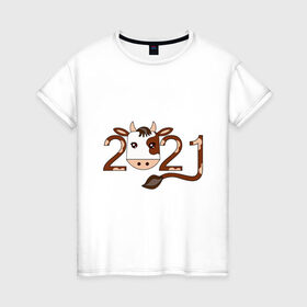 Женская футболка хлопок с принтом Бык 2021 в Новосибирске, 100% хлопок | прямой крой, круглый вырез горловины, длина до линии бедер, слегка спущенное плечо | 2021 | бык | год быка | гороскоп | дата | животное | китайский | новый год | праздничный | символ