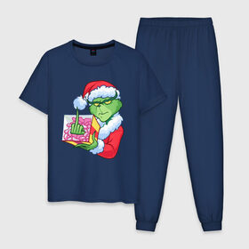 Мужская пижама хлопок с принтом Новый год. Гринч в Новосибирске, 100% хлопок | брюки и футболка прямого кроя, без карманов, на брюках мягкая резинка на поясе и по низу штанин
 | 2021 | гринч | новый год | подарок | рождество