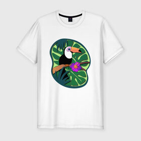 Мужская футболка хлопок Slim с принтом Тукан в Новосибирске, 92% хлопок, 8% лайкра | приталенный силуэт, круглый вырез ворота, длина до линии бедра, короткий рукав | лето | пальмы | природа | птицы | растения | тропики | тукан | цветы