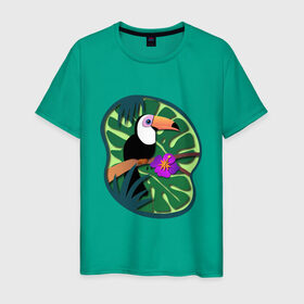 Мужская футболка хлопок с принтом Тукан в Новосибирске, 100% хлопок | прямой крой, круглый вырез горловины, длина до линии бедер, слегка спущенное плечо. | лето | пальмы | природа | птицы | растения | тропики | тукан | цветы