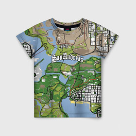 Детская футболка 3D с принтом GTA San Andreas map в Новосибирске, 100% гипоаллергенный полиэфир | прямой крой, круглый вырез горловины, длина до линии бедер, чуть спущенное плечо, ткань немного тянется | game | grand theft auto | gta san andreas | гта сан андреас | игра | карта | самп