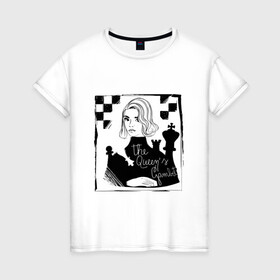 Женская футболка хлопок с принтом ХОД КОРОЛЕВЫ в Новосибирске, 100% хлопок | прямой крой, круглый вырез горловины, длина до линии бедер, слегка спущенное плечо | chess | netflix | the queens gambit | бет хармон | нетфликс | ход королевы | шахматистка. | шахматы