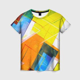 Женская футболка 3D с принтом Геометрический хаос в Новосибирске, 100% полиэфир ( синтетическое хлопкоподобное полотно) | прямой крой, круглый вырез горловины, длина до линии бедер | абстракция | геометрия | квадрат | кисть | краска | прямоугольник | треугольник | фигура | хаос