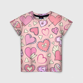 Детская футболка 3D с принтом Розовые сердечки в Новосибирске, 100% гипоаллергенный полиэфир | прямой крой, круглый вырез горловины, длина до линии бедер, чуть спущенное плечо, ткань немного тянется | для девочек | любимой | любовь | розовое | романтика | сердечки | сердечко | сердце