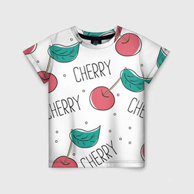 Детская футболка 3D с принтом Вишенки Cherry в Новосибирске, 100% гипоаллергенный полиэфир | прямой крой, круглый вырез горловины, длина до линии бедер, чуть спущенное плечо, ткань немного тянется | cherry | белый | вишня | красный | лето | надпись | сад | черенок | черешня | ягода