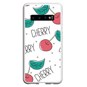 Чехол для Samsung Galaxy S10 с принтом Вишенки Cherry в Новосибирске, Силикон | Область печати: задняя сторона чехла, без боковых панелей | cherry | белый | вишня | красный | лето | надпись | сад | черенок | черешня | ягода