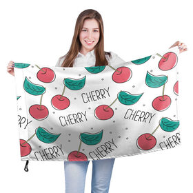 Флаг 3D с принтом Вишенки Cherry в Новосибирске, 100% полиэстер | плотность ткани — 95 г/м2, размер — 67 х 109 см. Принт наносится с одной стороны | cherry | белый | вишня | красный | лето | надпись | сад | черенок | черешня | ягода