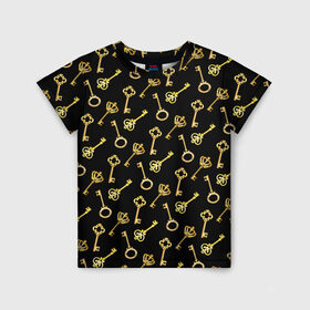 Детская футболка 3D с принтом Золотые ключики в Новосибирске, 100% гипоаллергенный полиэфир | прямой крой, круглый вырез горловины, длина до линии бедер, чуть спущенное плечо, ткань немного тянется | gold | golden | hipster | pattern | retro | винтаж | волшебный | джаз | замок | золотистый | золото | золотой ключик | империя | классика | ключ | ключик | корона | открытие | паттерн | ретро стиль | символ | сказочный