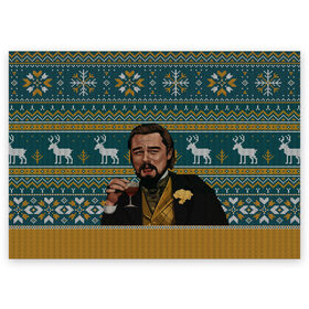 Поздравительная открытка с принтом Кэлвин Кэнди в Новосибирске, 100% бумага | плотность бумаги 280 г/м2, матовая, на обратной стороне линовка и место для марки
 | джанго особожденный | кэлвин кэнди | леонардо ди каприо | рождественский свитер