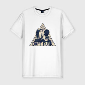 Мужская футболка хлопок Slim с принтом Daft Punk в Новосибирске, 92% хлопок, 8% лайкра | приталенный силуэт, круглый вырез ворота, длина до линии бедра, короткий рукав | daft punk | лого | музыка | музыкальный дуэт.