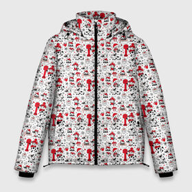 Мужская зимняя куртка 3D с принтом Фон с бычком в Новосибирске, верх — 100% полиэстер; подкладка — 100% полиэстер; утеплитель — 100% полиэстер | длина ниже бедра, свободный силуэт Оверсайз. Есть воротник-стойка, отстегивающийся капюшон и ветрозащитная планка. 

Боковые карманы с листочкой на кнопках и внутренний карман на молнии. | Тематика изображения на принте: background | bull | christmas | gifts | holiday | mail | new year | snowflakes | бык | бычок | новый год | подарки | почта | праздник | рождество | снежинки | фон
