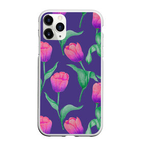Чехол для iPhone 11 Pro матовый с принтом Тюльпаны на фиолетовом фоне в Новосибирске, Силикон |  | зеленый | листья | любовь | паттерн | праздник | природа | растения | розовый | романтика | тюльпаны | узор | фиолетовый | цветы