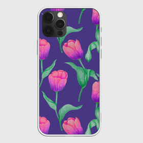 Чехол для iPhone 12 Pro Max с принтом Тюльпаны на фиолетовом фоне в Новосибирске, Силикон |  | зеленый | листья | любовь | паттерн | праздник | природа | растения | розовый | романтика | тюльпаны | узор | фиолетовый | цветы