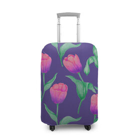 Чехол для чемодана 3D с принтом Тюльпаны на фиолетовом фоне в Новосибирске, 86% полиэфир, 14% спандекс | двустороннее нанесение принта, прорези для ручек и колес | зеленый | листья | любовь | паттерн | праздник | природа | растения | розовый | романтика | тюльпаны | узор | фиолетовый | цветы