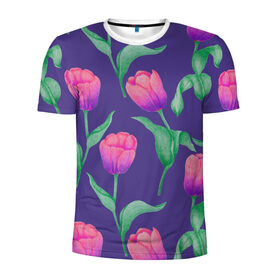 Мужская футболка 3D спортивная с принтом Тюльпаны на фиолетовом фоне в Новосибирске, 100% полиэстер с улучшенными характеристиками | приталенный силуэт, круглая горловина, широкие плечи, сужается к линии бедра | зеленый | листья | любовь | паттерн | праздник | природа | растения | розовый | романтика | тюльпаны | узор | фиолетовый | цветы