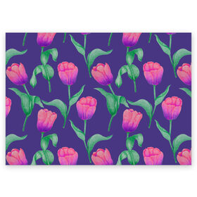 Поздравительная открытка с принтом Тюльпаны на фиолетовом фоне в Новосибирске, 100% бумага | плотность бумаги 280 г/м2, матовая, на обратной стороне линовка и место для марки
 | зеленый | листья | любовь | паттерн | праздник | природа | растения | розовый | романтика | тюльпаны | узор | фиолетовый | цветы