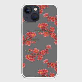 Чехол для iPhone 13 mini с принтом Цветы айвы на сером фоне в Новосибирске,  |  | айва | весна | красный | лето | паттерн | подарок | природа | растения | романтика | серый | узор | цветы
