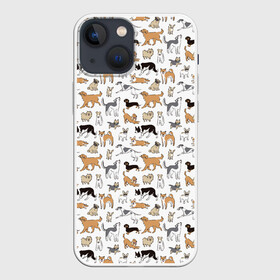 Чехол для iPhone 13 mini с принтом Узор собаки много в Новосибирске,  |  | Тематика изображения на принте: гав | детский | домашнее животное | животный | звери | команды | лапы | любителю животных | морды | песель | песик | псы | собаки | собачка | узор | хвост | шаблон | щенки
